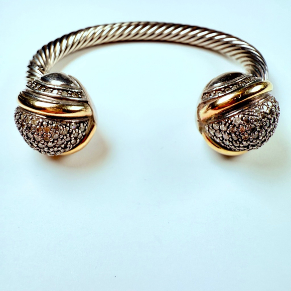 14K Gold Renaissance Cubic Zirconia Cable Cuff Sterling Silver 925 Bracelet - Picture 1 of 12